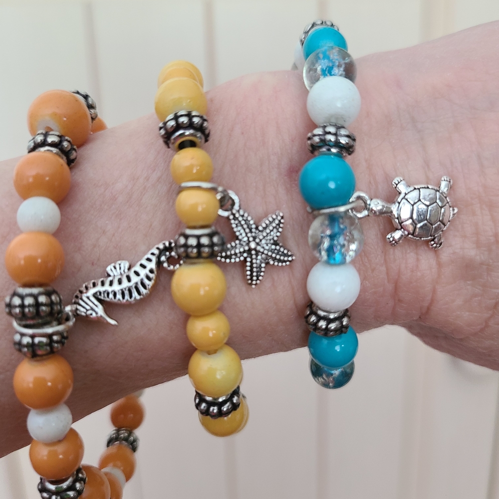 3 pc. Colorful Handcrafted Beaded Bracelets with Beachy Charms